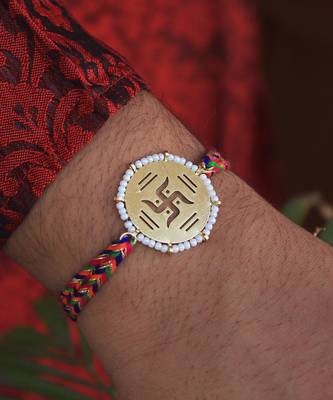 Golden Beaded Swastik Rakhi 1
