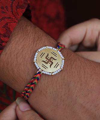 Golden Beaded Swastik Rakhi 4