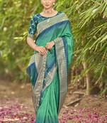 Jacquard Work Turquoise & Blue Woven Saree With Unstitch Blouse Piece