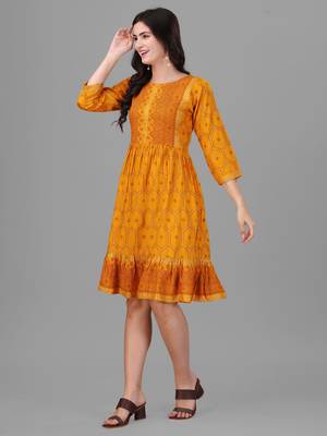 Mustard Colour Designer Foil Prited Ethnic Kurti 4