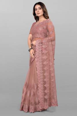 Dark Onion Diamond And Embroidered Work Soft Mono Net Saree With Blouse (Un-Stitched) 2