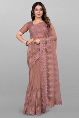 Dark Onion Diamond And Embroidered Work Soft Mono Net Saree With Blouse (Un-Stitched) 1