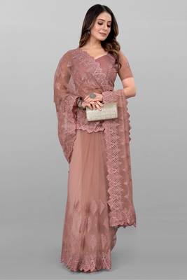 Dark Onion Diamond And Embroidered Work Soft Mono Net Saree With Blouse (Un-Stitched) 3