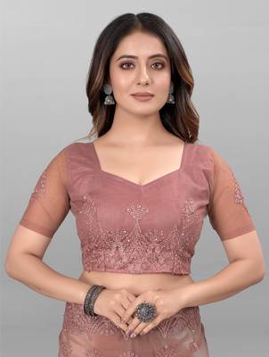 Dark Onion Diamond And Embroidered Work Soft Mono Net Saree With Blouse (Un-Stitched) 5