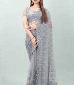 Grey Diamond And Embroidered Work Soft Mono Net Saree With Blouse (Un-Stitched)