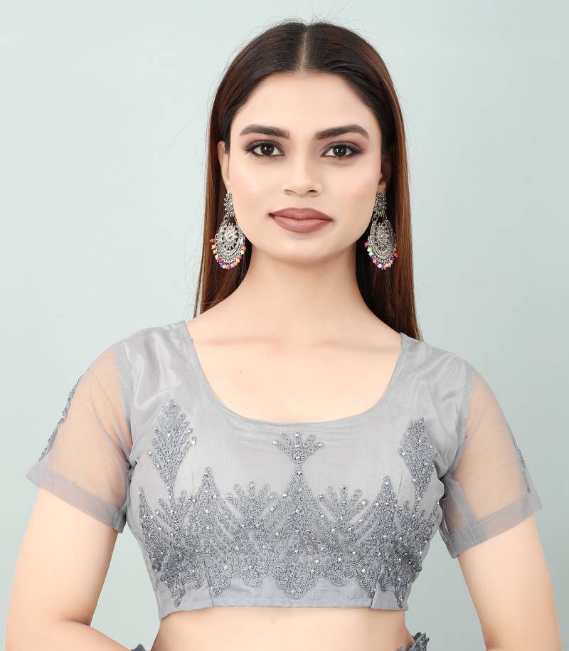 Grey Diamond And Embroidered Work Soft Mono Net Saree With Blouse (Un-Stitched)