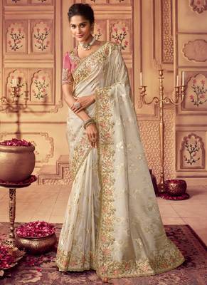 Cream Silk Sequins Work Party Wear Sarees 1