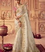 Cream Silk Sequins Work Party Wear Sarees