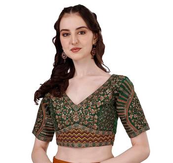 Bieth Women Floral Round Neck Zari Diamond Work Stitched Blouse (38+4InchMargin) 1