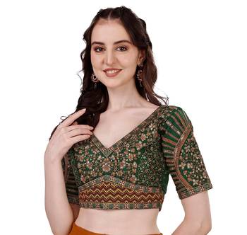 Bieth Women Floral Round Neck Zari Diamond Work Stitched Blouse (38+4InchMargin) 2