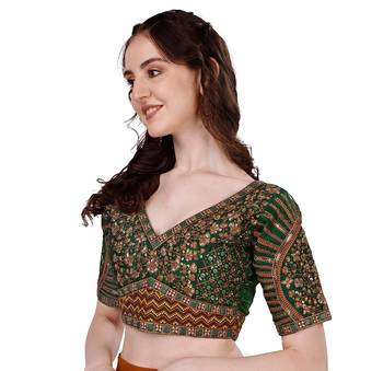 Bieth Women Floral Round Neck Zari Diamond Work Stitched Blouse (38+4InchMargin) 3