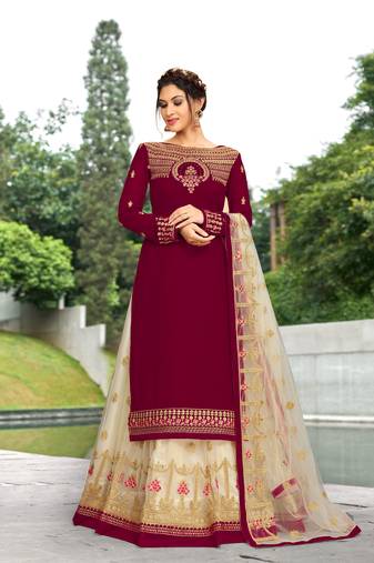Trendmalls Maroon Georgette Embroidered Party Wear Kurta Pant with Dupatta Salwar Suit Set