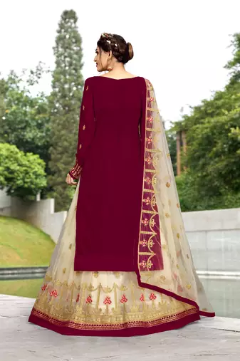Trendmalls Maroon Georgette Embroidered Party Wear Kurta Pant with Dupatta Salwar Suit Set