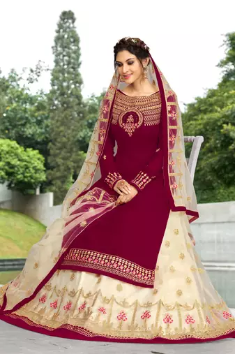 Trendmalls Maroon Georgette Embroidered Party Wear Kurta Pant with Dupatta Salwar Suit Set