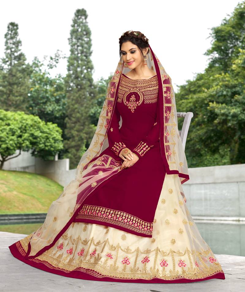 Maroon Georgette Embroidered Party Wear Kurta Pant with Dupatta Salwar Suit Set
