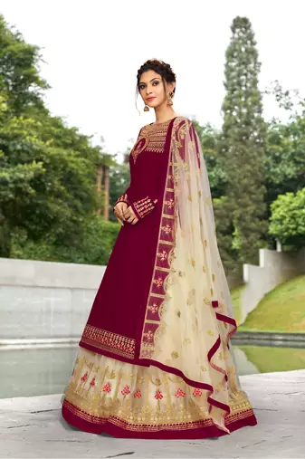 Trendmalls Maroon Georgette Embroidered Party Wear Kurta Pant with Dupatta Salwar Suit Set