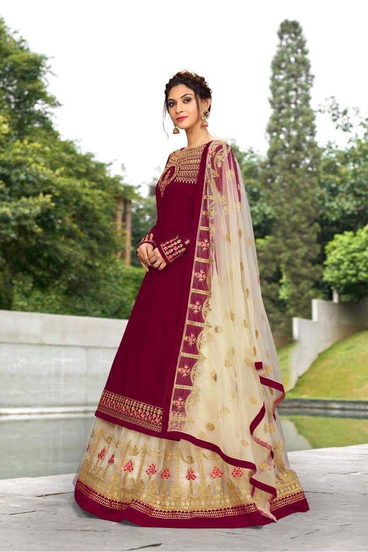 Maroon Georgette Embroidered Party Wear Kurta Pant with Dupatta Salwar Suit Set