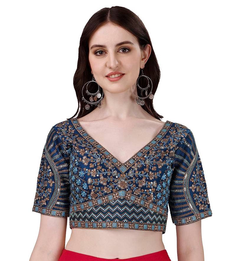 Bieth Women Floral Round Neck Zari Diamond Work Stitched Blouse (38+4InchMargin)