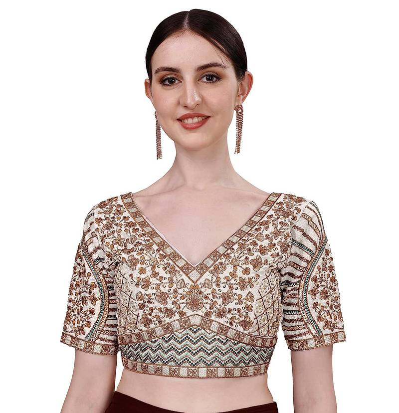 Bieth Women Floral Round Neck Zari Diamond Work Stitched Blouse (38+5InchMargin)