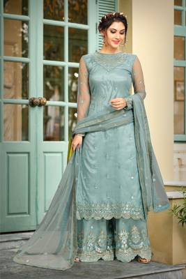 Trendmalls Sky Blue Net Embroidery Work Kurta Pant with Dupatta Salwar Suit Set 3