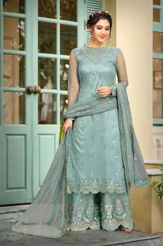 Trendmalls Sky Blue Net Embroidery Work Kurta Pant with Dupatta Salwar Suit Set