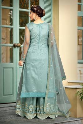 Trendmalls Sky Blue Net Embroidery Work Kurta Pant with Dupatta Salwar Suit Set 4
