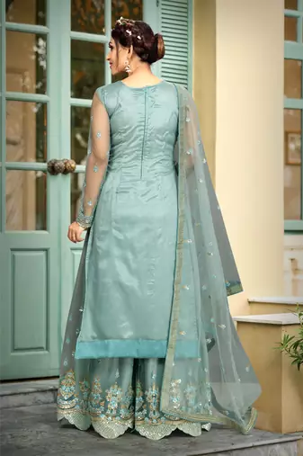 Trendmalls Sky Blue Net Embroidery Work Kurta Pant with Dupatta Salwar Suit Set