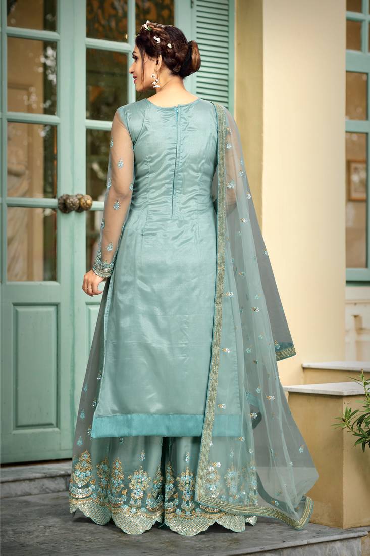Sky Blue Net Embroidery Work Kurta Pant with Dupatta Salwar Suit Set