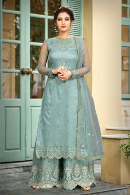 Trendmalls Sky Blue Net Embroidery Work Kurta Pant with Dupatta Salwar Suit Set 1