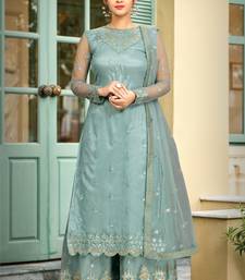 Trendmalls Sky Blue Net Embroidery Work Kurta Pant with Dupatta Salwar Suit Set