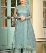 Trendmalls Sky Blue Net Embroidery Work Kurta Pant with Dupatta Salwar Suit Set