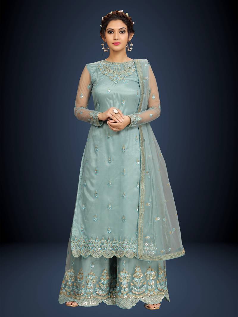 Chic Sky Blue Butterfly Net Designer Party Wear Salwar Suit With Sky Blue American Crepe main image 1
