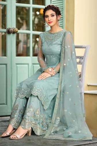 Trendmalls Sky Blue Net Embroidery Work Kurta Pant with Dupatta Salwar Suit Set