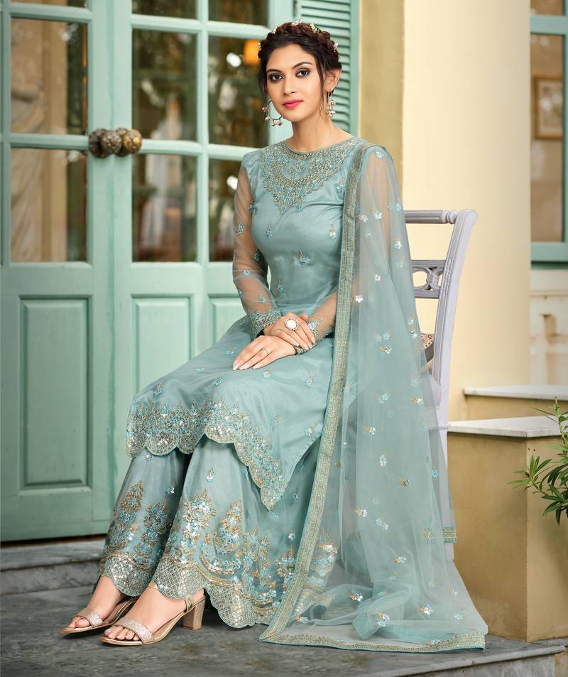 Sky Blue Net Embroidery Work Kurta Pant with Dupatta Salwar Suit Set