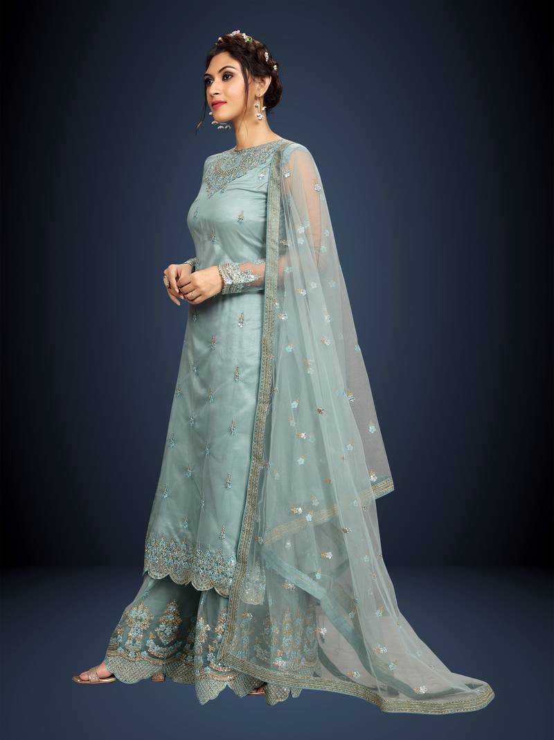 Chic Sky Blue Butterfly Net Designer Party Wear Salwar Suit With Sky Blue American Crepe