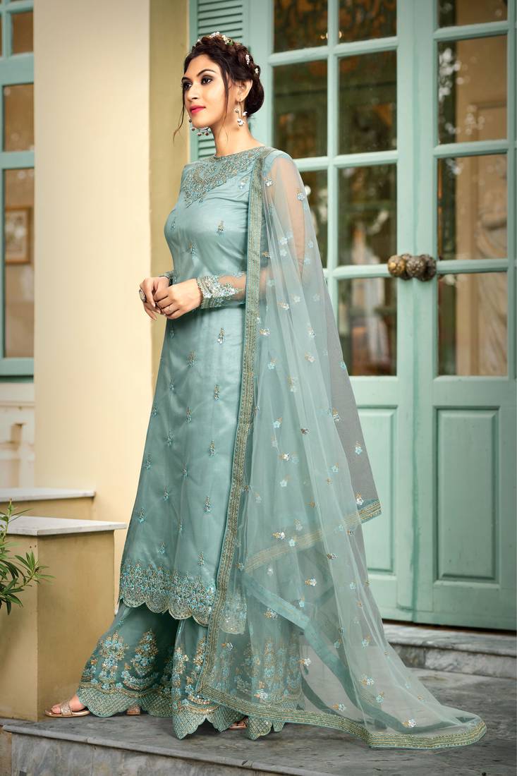 Sky Blue Net Embroidery Work Kurta Pant with Dupatta Salwar Suit Set