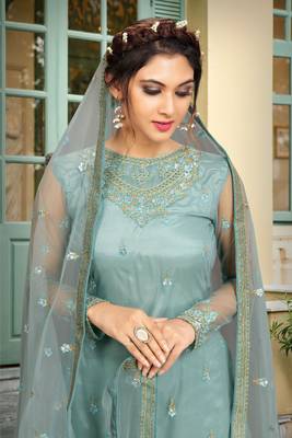 Trendmalls Sky Blue Net Embroidery Work Kurta Pant with Dupatta Salwar Suit Set 7