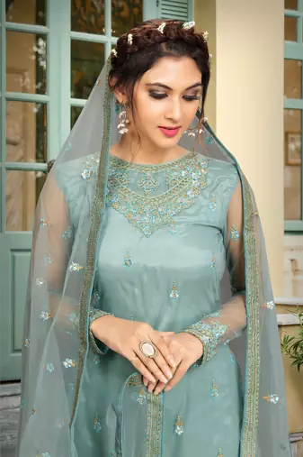 Trendmalls Sky Blue Net Embroidery Work Kurta Pant with Dupatta Salwar Suit Set