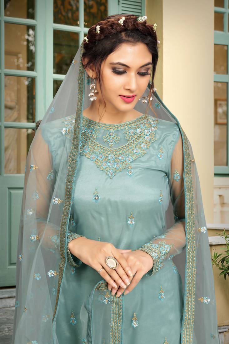 Sky Blue Net Embroidery Work Kurta Pant with Dupatta Salwar Suit Set