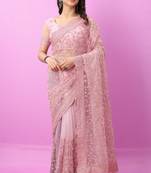 Baby Pink Diamond And Embroidered Work Soft Mono Net Saree With Blouse (Un-Stitched)