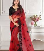 Red resham sequence embroidery  heavy cut dana hand work net party wear with blouse