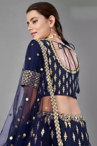 Glamorous Navy blue Zari and Sequins embroidered Dola silk semi stitched lehenga choli for wedding