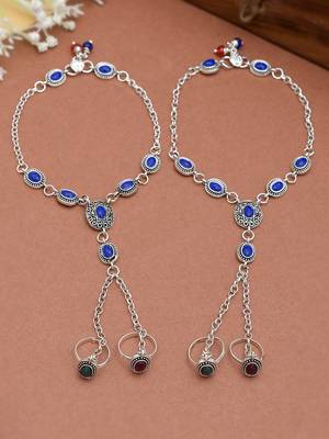 Oxidised silver anklet with chained double toe ring 1