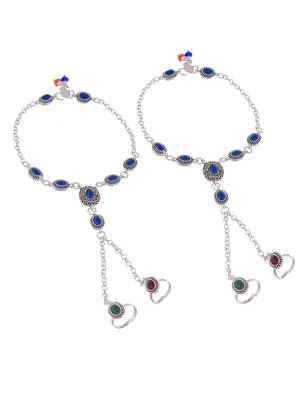 Oxidised silver anklet with chained double toe ring 5