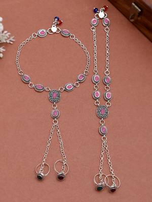 Oxidised silver plated anklet with chained double toe ring 1