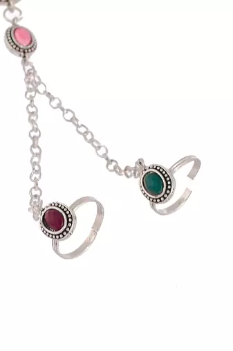 Oxidised silver plated anklet with chained double toe ring