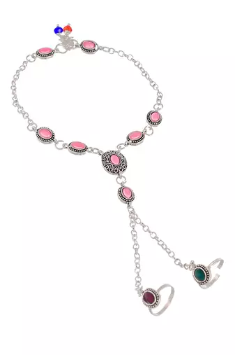 Oxidised silver plated anklet with chained double toe ring