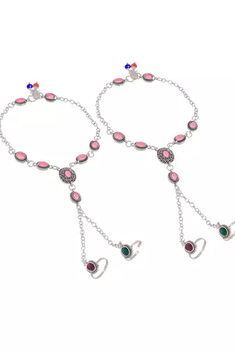 Oxidised silver plated anklet with chained double toe ring