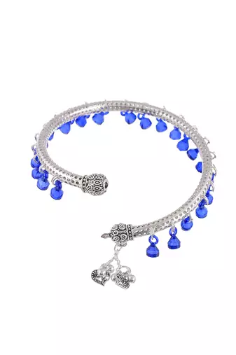 Blue beads drop silver plated anklet kada