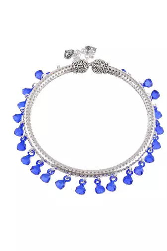 Blue beads drop silver plated anklet kada